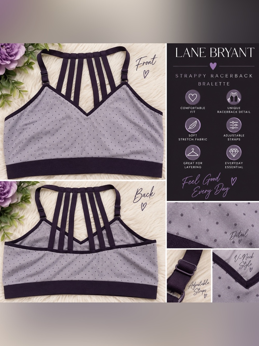 💜 Lane Bryant Lavender & Purple Polka Dot Strappy Racerback Bralette — 22/24